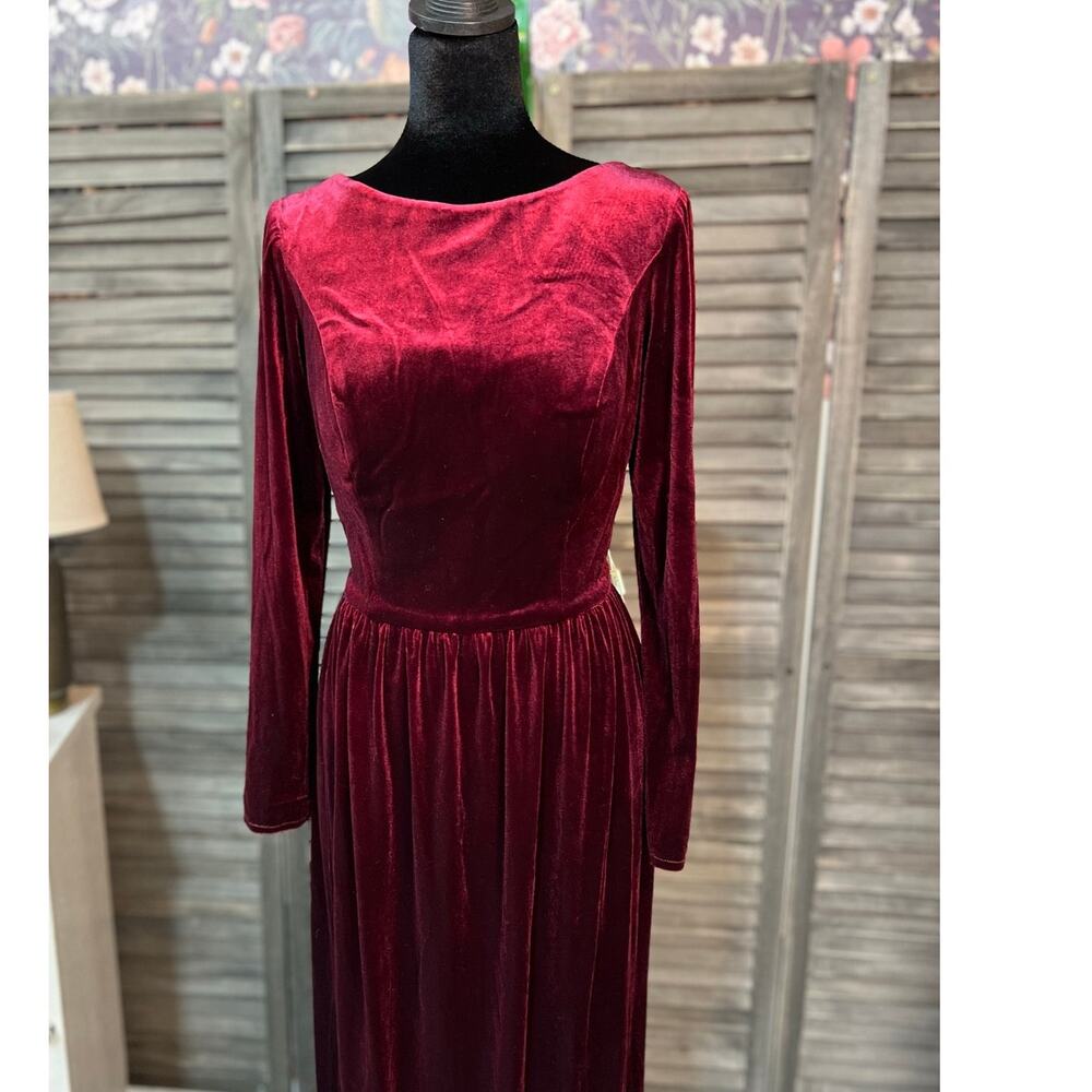 Burgundy Black Velvet Gown Size 8 Deep V Back Long Sleeve NWT Renz - Picture 6 of 9